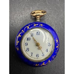 Vintage Sterling Silver 925 Gold Tone Blue Enamel Pocket Watch 29.9mm